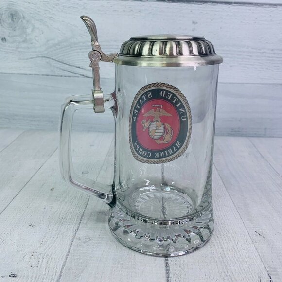Five U S Marine Corps 20 Ounce Heavy Thick Glass Beer Stein 95% Zinn Pewter Lid - Picture 5 of 11